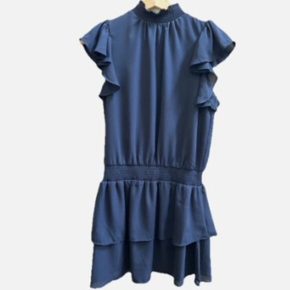 1. STATE Navy Blue Mock Neck Smocked Blouson Ruffle Mini Dress Women's Size XS - Picture 8 of 10
